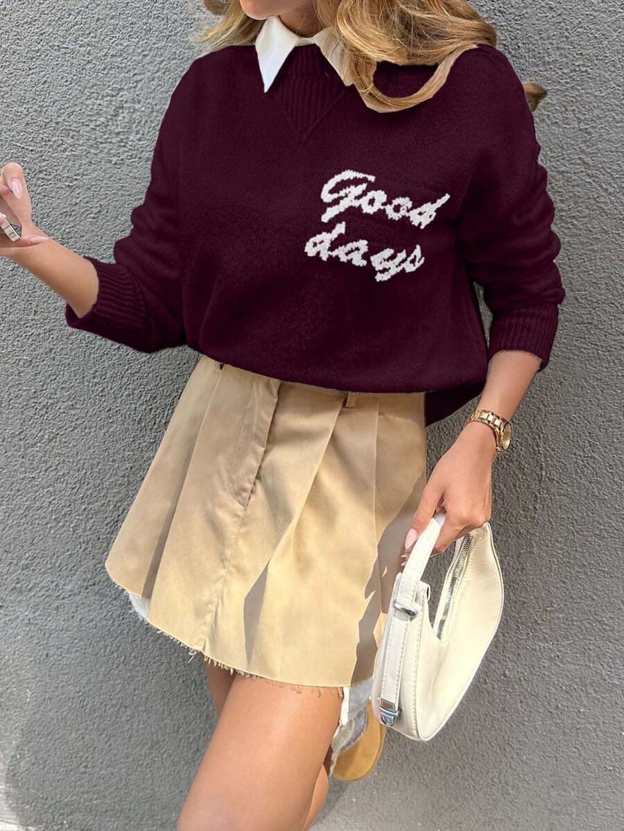 EURMUSE Women's Daily Wear "Good Days" Letter Pattern Knitted Crew Neck Sweater, Autumn - Burgundy - View 1