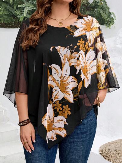 EMERY ROSE Plus Size Women Summer Black Floral Print 3/4 Sleeve Tops Blouse Shirt,Summer Outfits For Women,Fall Women Clothes,Summer Holiday,Vacation Outfits Women,Simple And Fashionable For Everyday Wear,Vacay Vibes,Springbreak,Casual Wear SS,Bohemia