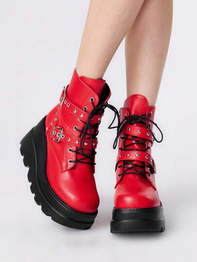 Grunge Punk Stivaletti da donna alla caviglia, con punta tonda, allacciatura, suola spessa, stile punk, colore nero, nuova collezione autunno/inverno 2024