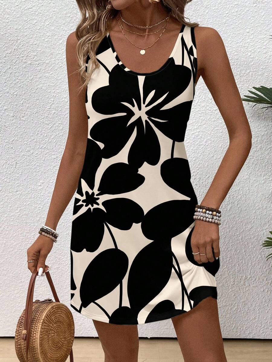 EMERY ROSE 女士休闲杏色花卉圆领无袖中长连衣裙 - 彩色 - 查看 1