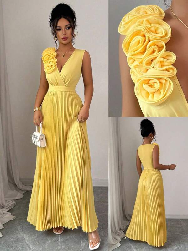 Elenzga Rochie lungă elegantă de vară, galben crem, cu decolteu în V încrucișat, talie subțire, model floral, model patchwork, în linie A, cu pliuri