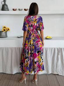 Robe de vacances sexy à col en V, manches chauve-souris, fente latérale, imprimé floral pour femmes