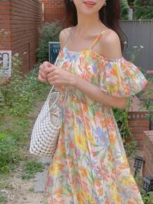 DAZY Vestido largo con hombros descubiertos, mangas abullonadas, estampado floral diminuto y cintura anudada, perfecto para vacaciones