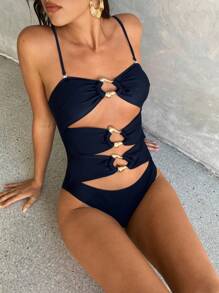 Aloruh Elegante e sexy costume da bagno monopezzocon colore unito, senza spalline, con decorazioni in metallo e spalline rimovibili, perfetto per la spiaggia e per l'abbigliamento primaverile/estivo.