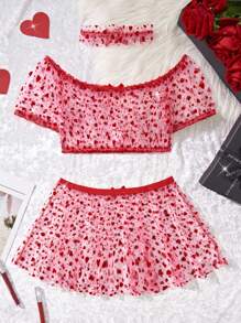 SHEIN 3pcs Women Sexy Mesh Heart Bow Shoulder Top And Bubble Skirt Lingerie Set