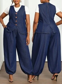 SHEIN Lady 大码休闲水洗牛仔背心和牛仔裤套装 - 深色水洗藍 - 查看 1