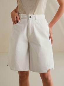 Anewsta Short recto suelto con diseño bordado blanco suelto independiente colgante para la primavera/verano de las mujeres - Blanco - Ver 3