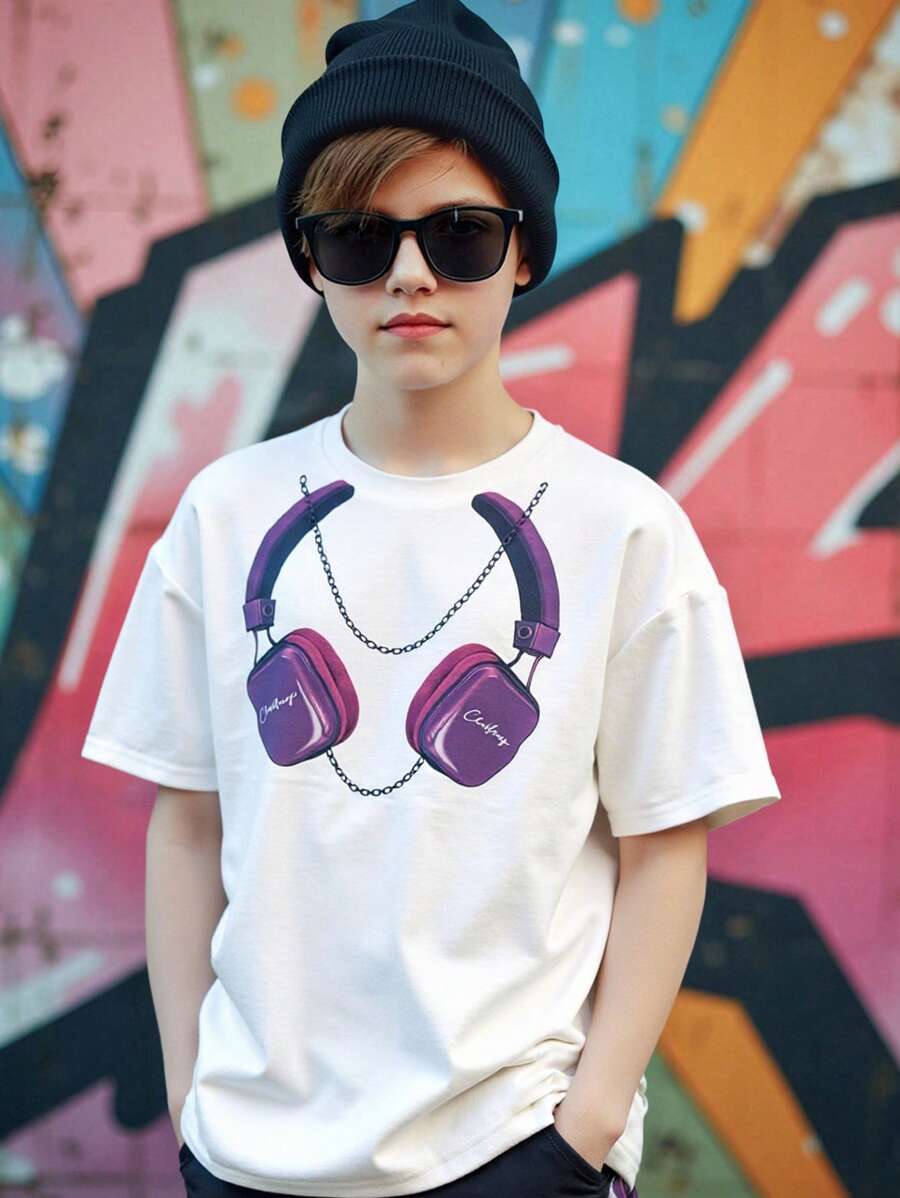 Tween Boys' Casual Everyday Versatile Comfortable Graphic Print Loose Fit Round Neck Short Sleeve Knit T-Shirt - White - View 1