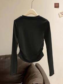 SHEIN Women's Casual Cat Print Long Sleeve T-Shirt, Suitable For Spring & Autumn Fall Cloth For Women - Black - View 2