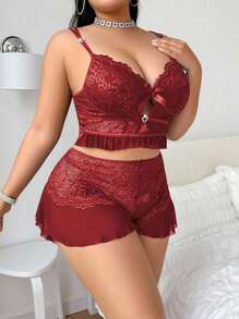 SHEIN Conjunto de pijama con encaje, parches, escote en V profundo, adorno de corazón de rhinestone y tirantes cruzados para mujer
