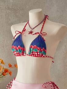 Swim Mod Set de 2 prendas de baño con estampado de cerezas y cordón para el verano para mujeres, conjunto para vacaciones