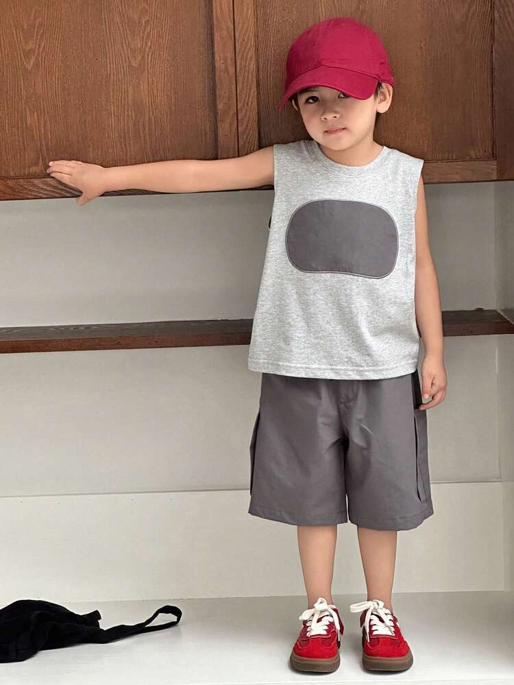2pcs Young Boy Fall Clothes Set: Boy (Toddler) Round Neck Knitted Printed Top + Shorts