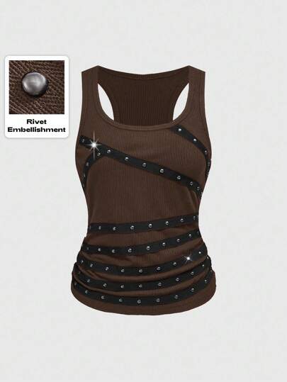 Grunge Punk Vestido de verano, vacaciones, graduación, Pascua para mujer, top de tirantes negro sexy de escote bajo con tachuelas y cuentas, para concierto de música rock, festival de playa