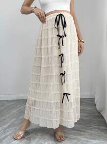 Franclia Elegant Contrast Bow Lace Trim Skirt