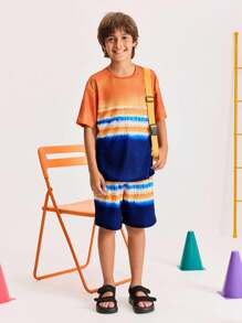 SHEIN Conjunto informal holgado y minimalista de camiseta de manga corta de cuello redondo y pantalones cortos cómodos para niño preadolescente - Amarillo - Ver 3