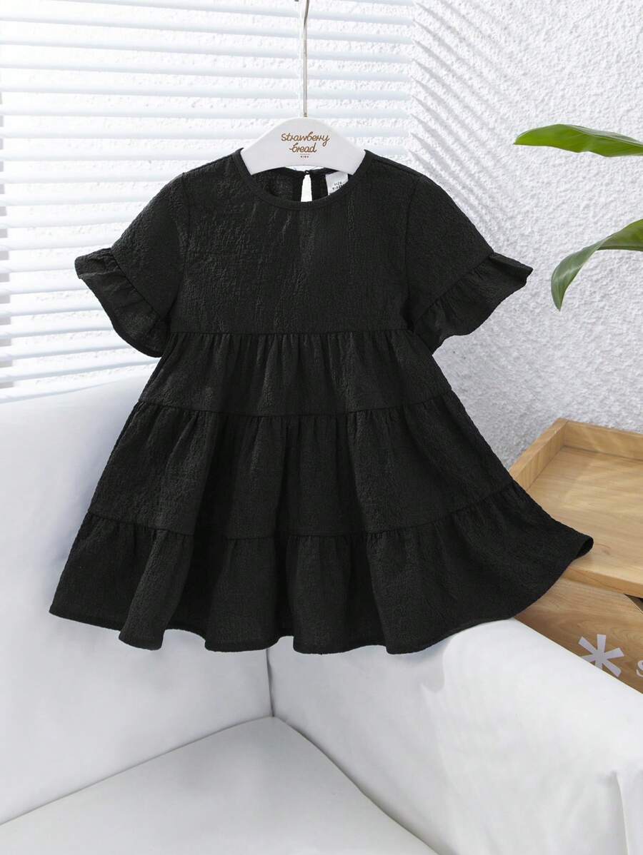 SHEIN Babygirl Cute Solid Texture Ruffle Trim Short Sleeve Summer Dress - Black - View 1