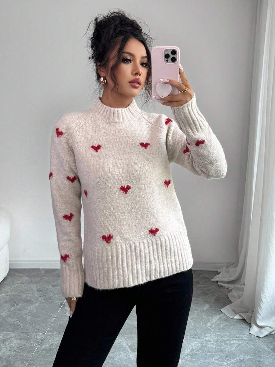 Franclia Women's Solid Color Heart Jacquard Knit Pullover Sweater