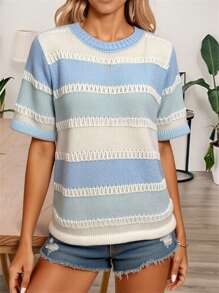 DAZY Loose Casual Business Office Wear Striped & Plaid Crochet Round Neck Pullover Knit Sweater Top For Women, Vacation Style - Blue - View 11