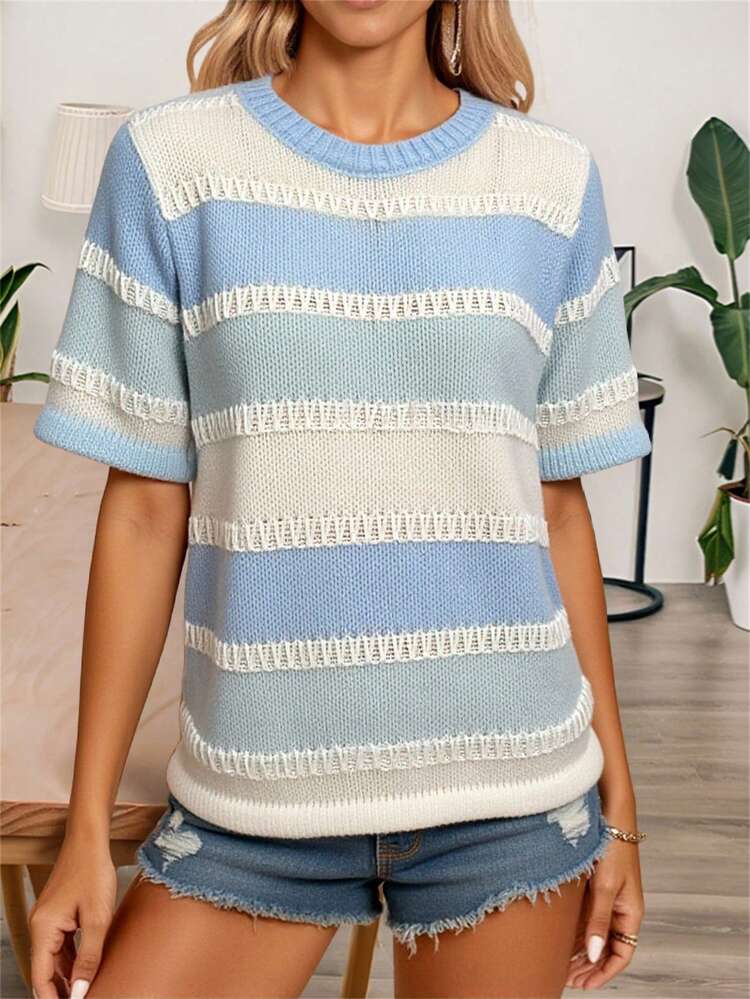 Loose Casual Business Office Wear Striped & Plaid Crochet Round Neck Pullover Knit Sweater Top For Women, Vacation Style