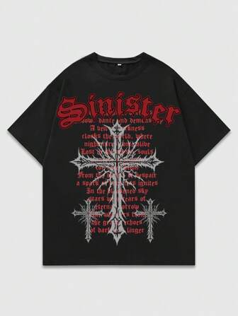 Street Life Schwarzes Kurzarm T-Shirt, Gothic Kreuz Design, mit dunkler und avantgardistischer Ästhetik