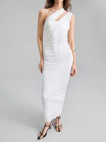 Ontre 2025 Women's Solid Color Hollow Asymmetric Neckline Ruched Sleeveless Dress, Suitable For Independence Day, Beach, Graduation, Office