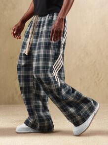 SUMWON 宽腿格纹滚边裤宽松时尚休闲裤冬季秋季街头潮流日常格纹裤