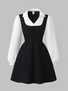 SHEIN Explorewe Girls' Preppy Style Vest 2 In 1 Casual Dress, Sweet & Elegant Waist Cinched Back To School Outfit Fall Winter - Black - View 2