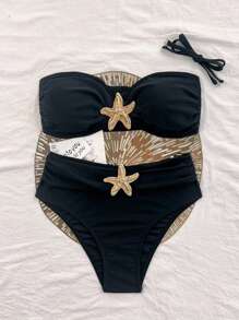 Costavie 2026 Spring/Summer Women's Black Bandeau Bikini Set With Gold 3D Starfish Decoration, Detachable Halter Strap, Elegant Two Pieces Swimsuit - Black - View 2