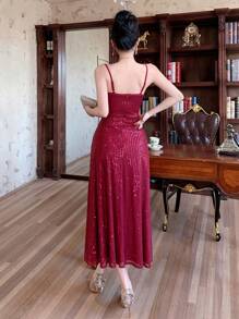 DAZY 亮片V领开衩吊带中长连衣裙，适合女士返校节、舞会、新年、圣诞节、嘉年华等场合，闪亮亮片连衣裙 - 酒紅色 - 查看 2