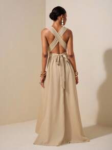 Zivah 2025夏季新款音乐节、毕业季、学院风、日常、休闲、度假、沙滩、日光浴、街头风浅杏色纹理亚麻面料深V领交叉后背长裙