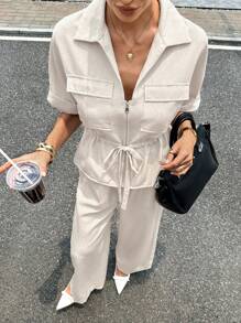Siren Gaze 2pcs/Set Women Solid Color Short Sleeve Drawstring Waist Shirt And Pants Casual Commuter Suit Beige Two Piece Set Casual Two Piece Set Two Piece Pant Set,All-Season,Back To School Clothes, Fall Women Clothes Summer - Apricot - View 7