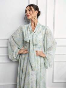 Modelyn Vestito al ginocchio con scollo a V, stampa floreale, maniche lunghe,elegante