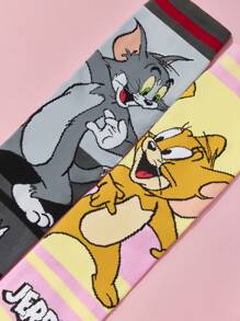 TOM & JERRY X SHEIN 2 双柔软透气吸湿排汗休闲情侣中筒袜，卡通条纹图案，时尚可爱，灰色和粉色中筒袜，加固脚趾和脚跟，经久耐用，男女通用，四季百搭 - 彩色 - 查看 3