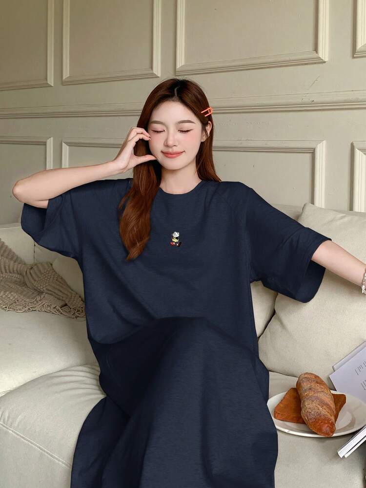 Raglan Sleeve Pattern Decor Loose Fit Loungewear Dress Pajama, Moo Moo Night Dress