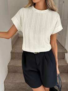 Easowa Camiseta básica de mujer de cuello redondo de manga corta con textura de rayas, top de punto casual de mujer, top de punto de mujer, top casual de negocios, estilo "Old Money" para mujer de negocios casuales, para mujer de noche/salida, tops de salida para mujer, para mujer en el aeropuerto, de vuelta al colegio, para profesoras, camisas de profesora