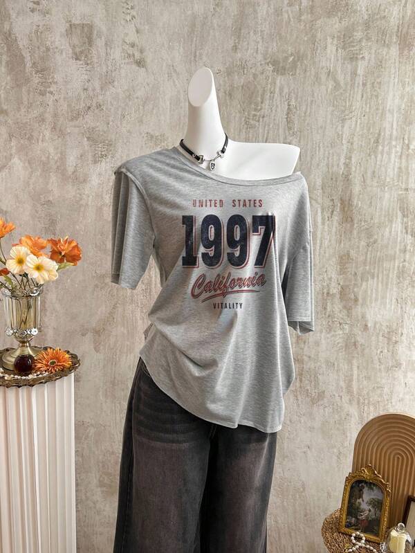 Attitoon Tricou casual, simplu, numărul 1997, cu imprimeu larg, pentru femei, potrivit pentru vară