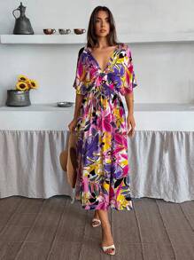 Robe de vacances sexy à col en V, manches chauve-souris, fente latérale, imprimé floral pour femmes