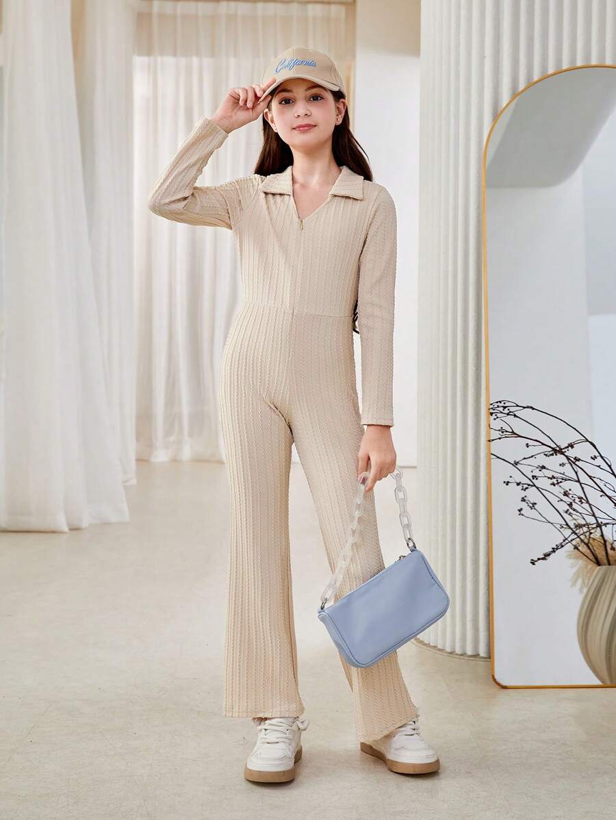 SHEIN Tween Girl V-Neck Long Sleeve Jumpsuit With Flare Sleeves, Casual Romper For Outings, Autumn - Apricot - View 1