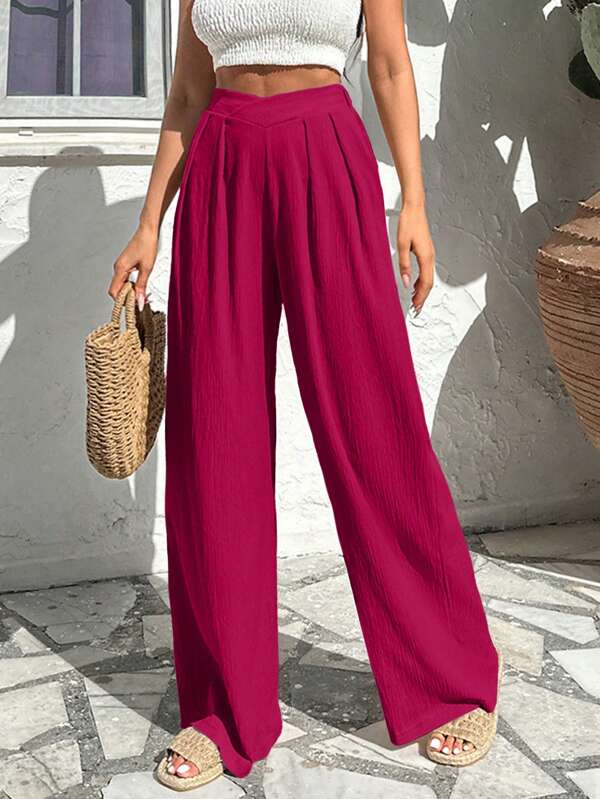RueChic Plus Size High Waist Wide Leg Solid Color Casual Vacation Pants