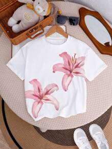 Teenagers Girls' Casual Fashionable Minimalist Lily Flower Print Short Sleeve T-Shirt