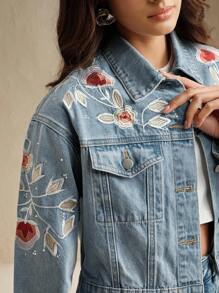 Anewsta Luxury Embroidered Rhinestone Decorated Women's Blue Denim Jacket - Blue - View 6