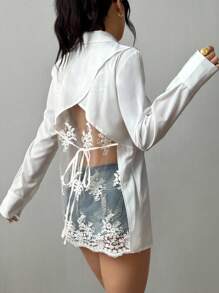 Chiquease Women's Long Embroidered Mesh Patchwork Blouse, Solid Color, Fitted, Long Sleeve, Front Open, Shirt Collar, Backless, Back Tie, Back Bow, Criss-Cross Back, Sheer Back, Embroidered Patchwork, Waist Cinched, Elegant, Casual, Work, Sexy, Luxurious, Romantic, Chic, Minimalist, Spring/Summer/Autumn