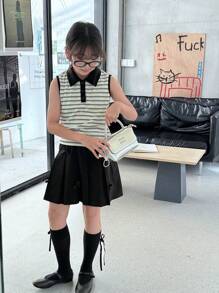 SHEIN 女童条纹无袖上衣和舒适款式夏季短裙两件套服装 - 黑色 - 查看 1