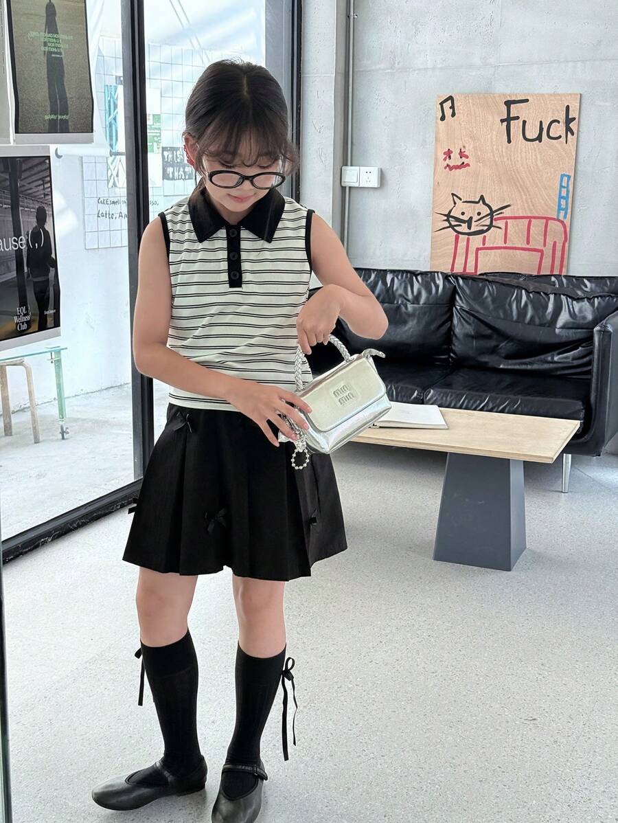SHEIN 女童条纹无袖上衣和舒适款式夏季短裙两件套服装 - 黑色 - 查看 1