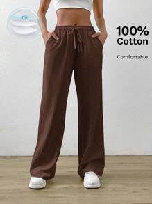 SHEIN PETITE CURVE Plus Size Women Plain Belted Pockets Straight Leg Casual Pants Women Wide Leg Pants Brown Pants For Women Women Linen Pants Loose Pants For Women Women Casual Pants - Chocolate Brown - View 7
