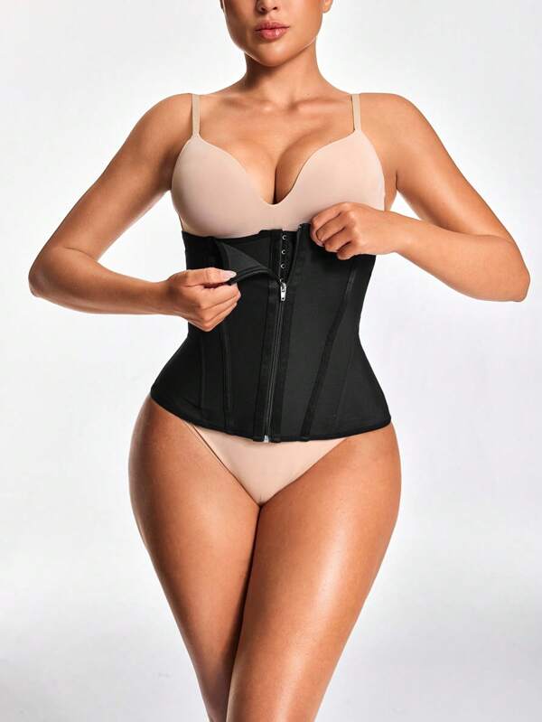 SHEIN Shape Women's Solid Color Seamless Waist Cincher Trainer With Front Zipper--Tummy Waist Control