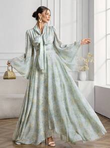 Modelyn Vestito al ginocchio con scollo a V, stampa floreale, maniche lunghe,elegante
