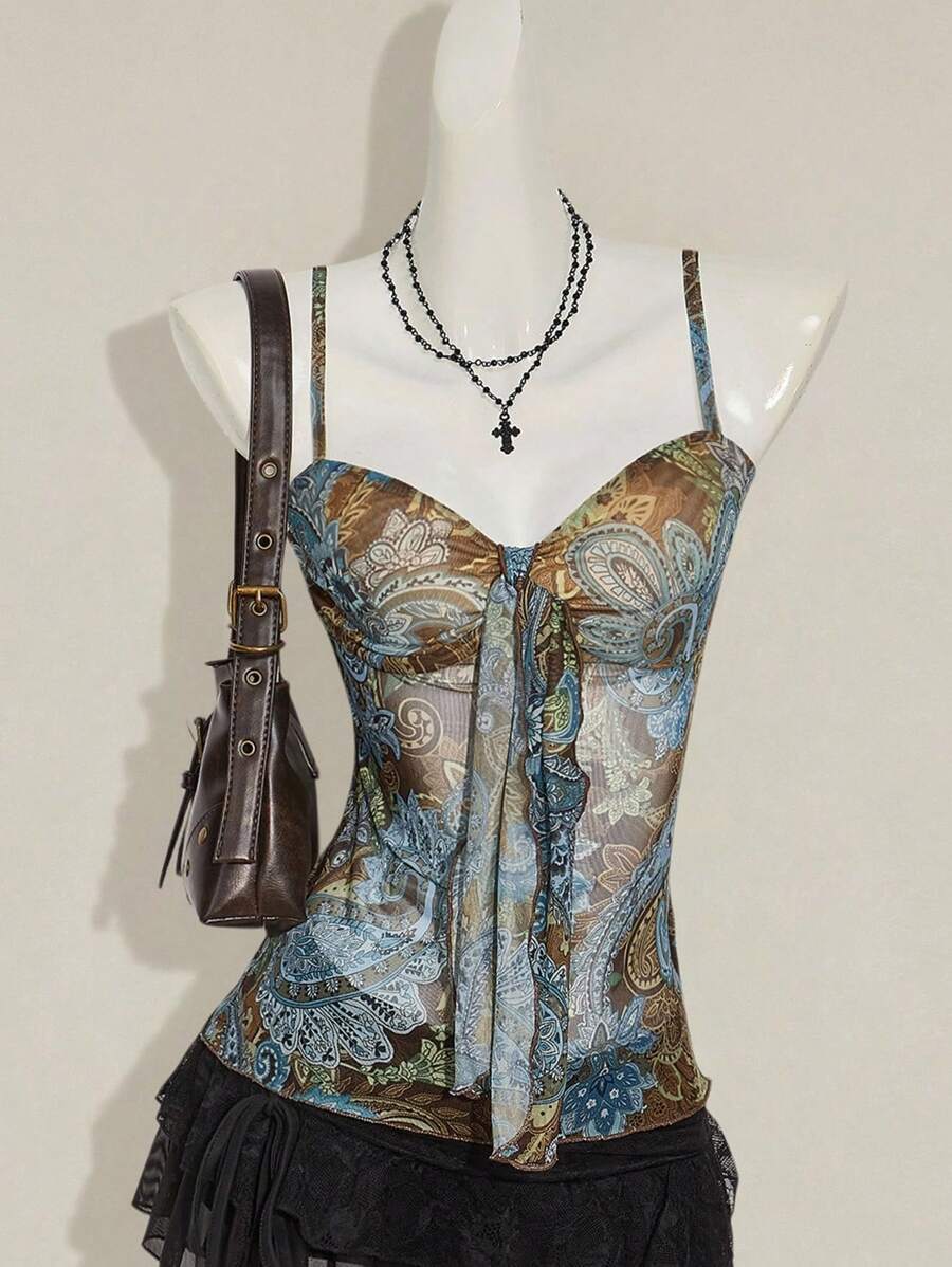 SHEIN ICON 女士佩斯利印花 Y2K 复古褶饰吊带背心 - 彩色 - 查看 1