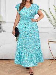 SHEIN Clasi Vestido largo con estampado de flores diminutas para tallas grandes, estilo casual de vacaciones - Azul menta - Ver 5