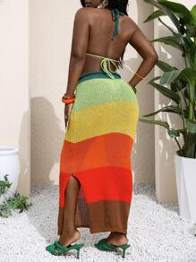 Slaydiva Set di canotta con spalline e gonna attillata a contrasto di colore, top a costine sexy con spalline e schiena scoperta, gonna attillata mini arcobaleno, adatto per vacanze al mare in autunno/inverno - Multicolore - Visualizzare 2